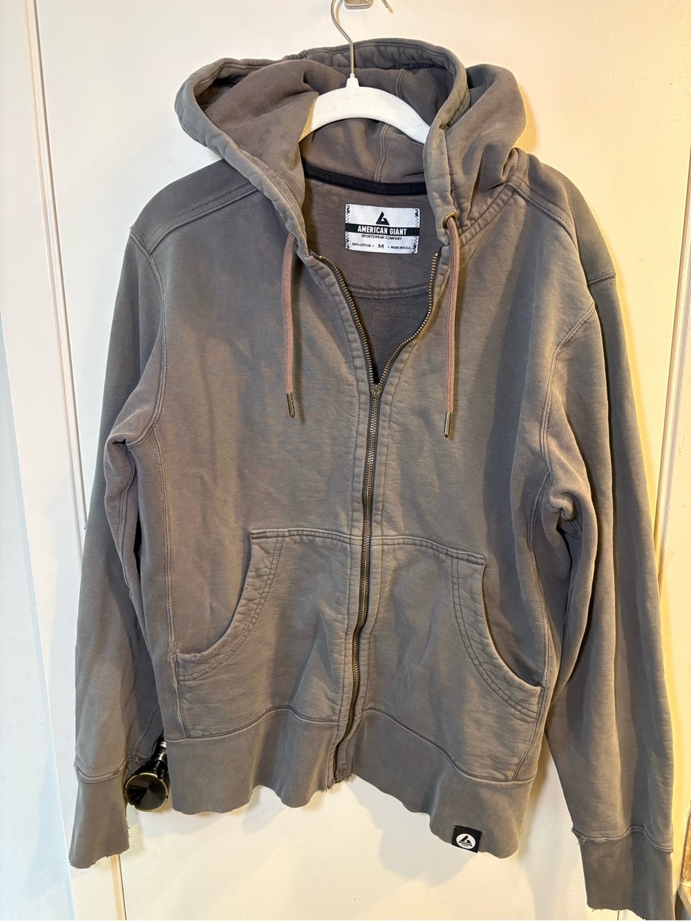 American Giant Hoodie Mens M Grey Full Zip Sweatshirt Heavyweight Distressed